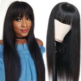 YUZHU Human Hair Wigs with Bangs for Black Women Straight Glueless None Lace Front Wigs Human Hair Machine Made Wigs 180% Density Brazilian Virgin Human Hair Wig with Bangs Natural Black Color