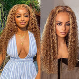 YUZHU Highlight  Deep Wave T Part 13x1 Lace Front Wigs Remy Human Hair Wigs 200% Density