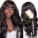 YUZHU Body Wave Human Hair Wigs with Bangs None Lace Front Wigs Natural Color