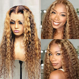 YUZHU Highlight  Deep Wave T Part 13x1 Lace Front Wigs Remy Human Hair Wigs 200% Density