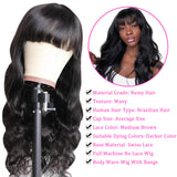 YUZHU Body Wave Human Hair Wigs with Bangs None Lace Front Wigs Natural Color