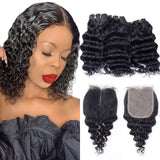 Peruvian Human Hair Bundles with Closure Deep Wave 3 Bundles with Lace Closure (10 10 10 and 8) 50gram Per Bundle 10A Grade Unprocessed Virgin Peruvian Deep Curly Hair Bundles with Closure