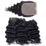 Peruvian Human Hair Bundles with Closure Deep Wave 3 Bundles with Lace Closure (10 10 10 and 8) 50gram Per Bundle 10A Grade Unprocessed Virgin Peruvian Deep Curly Hair Bundles with Closure