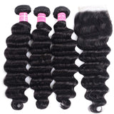 Loose Deep Wave 3 Bundles with 4x4 Closure Brazilian Virgin Human Hair Bundles Natural Color