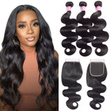 YUZHU Body Wave 3 Bundles with 4x4 Closure Brazilian Virgin Human Hair Bundles Natural Color