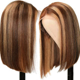 YUZHU Short Bob Highlight Blonde #4/27 Straight 13x1 T Part HD Lace Front Human Hair Wigs