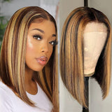 YUZHU Short Bob Highlight Blonde #4/27 Straight 13x1 T Part HD Lace Front Human Hair Wigs