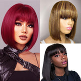 Short Bob Wigs Natural/P427/Red Colors Straight Human Hair Wigs With Bangs 100% Remy Human Hair Wigs