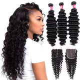 YUZHU Deep Wave Human Hair Bundles with Closure Natural Color