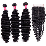 YUZHU Deep Wave Human Hair Bundles with Closure Natural Color